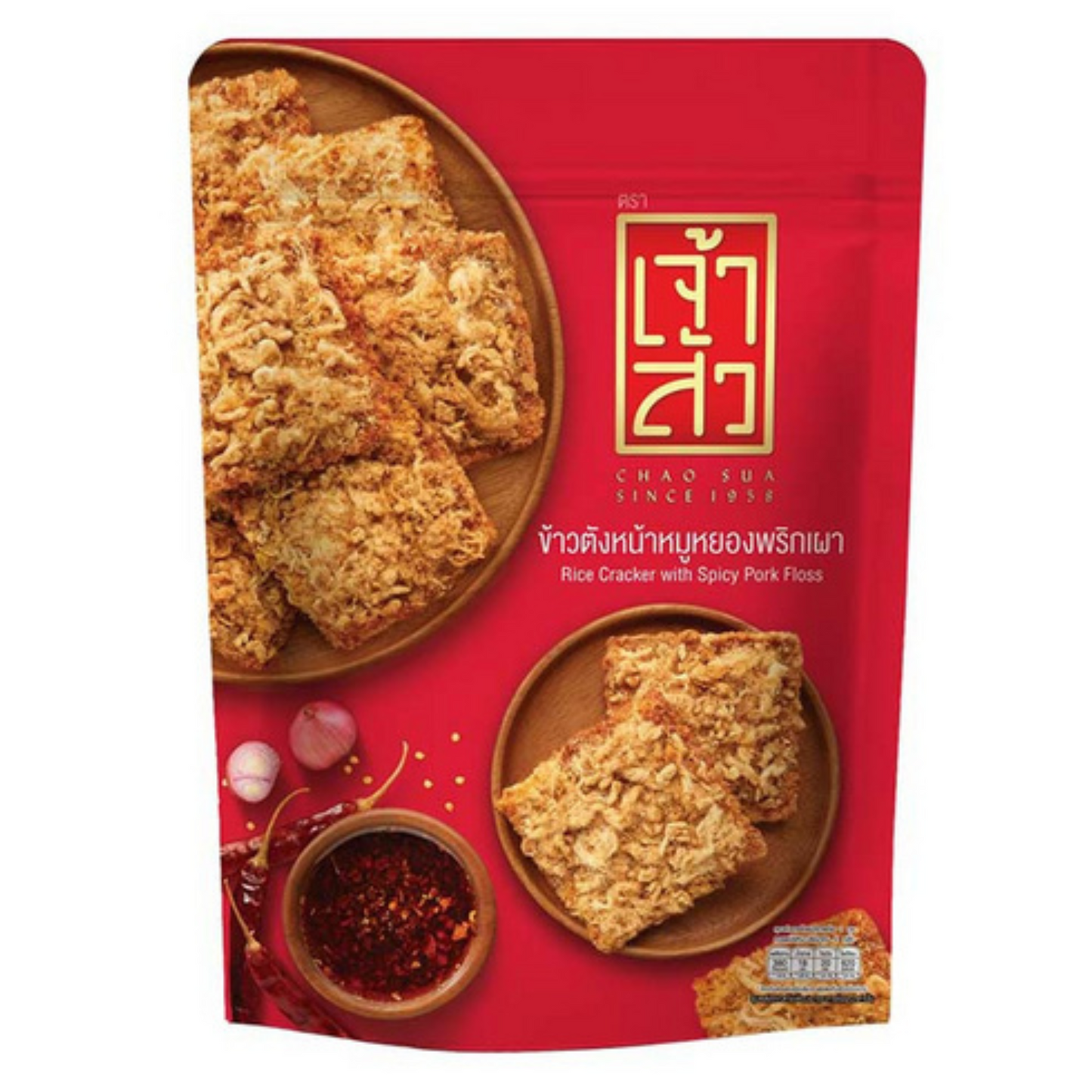 Chao Sua ข้าวตังหมูหยอง พริกเผา Knuspriger Reiscracker mit Schweinewolle und thailändischer Chilipaste 80 Gram