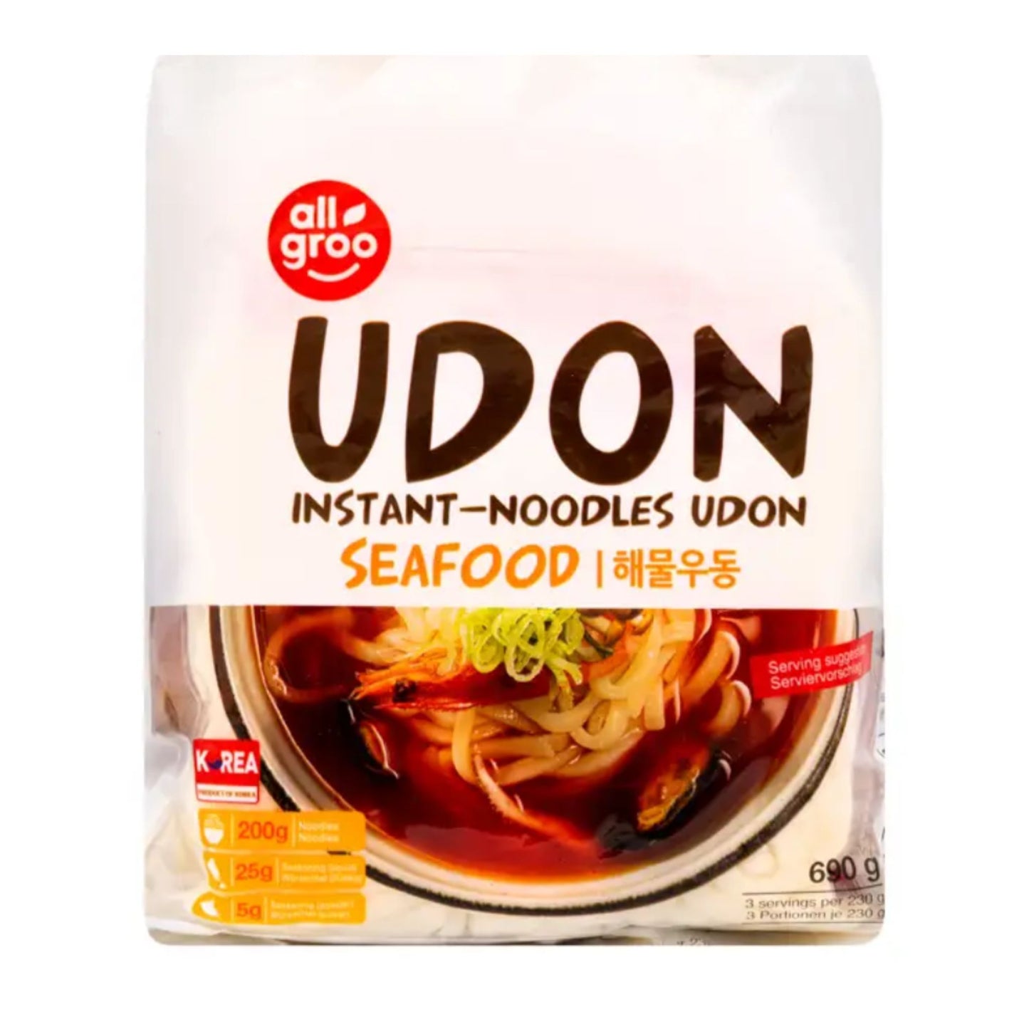 ALLGROO Udon Nudeln mit Meeresfrüchte Geschmack (3 Portionen-230g) 690g